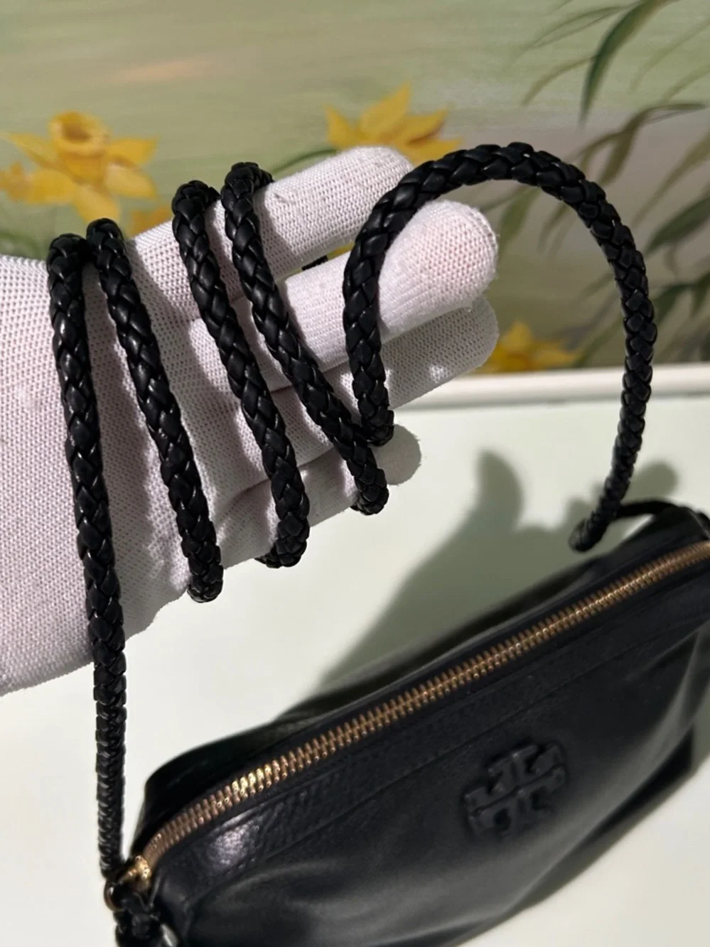 Tory Burch Black Pebbled Leather Camera Crossbody Bag with Tassel